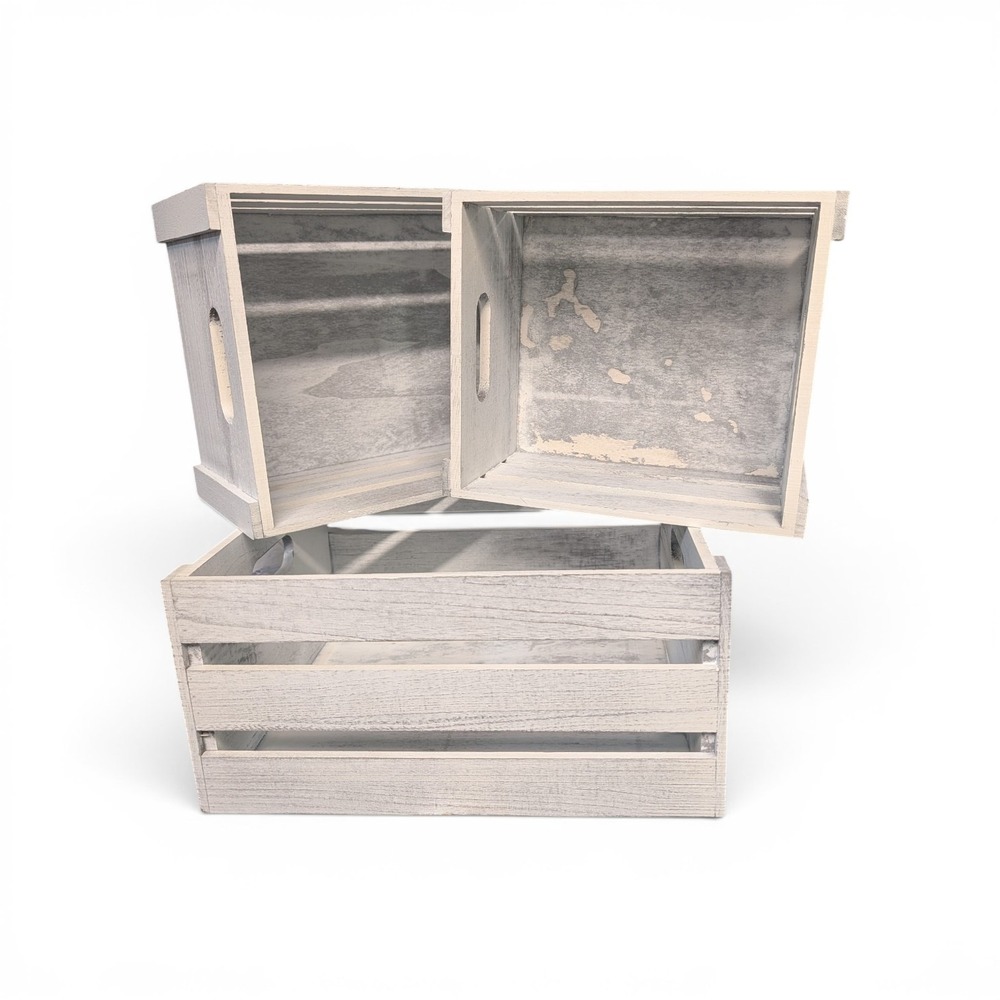 Set of 3 White Wash Nesting Wooden Crates Farmhouse Rustic Storage Bins Handles